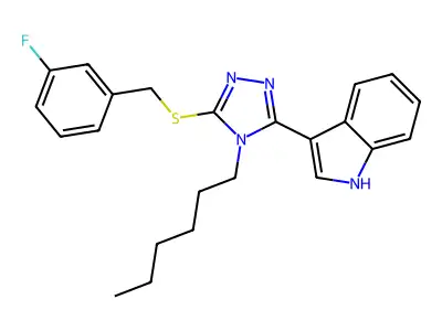 3-(5-{[(3-fluorophenyl)methyl]sulfanyl}-4-hexyl-4H-1,2,4-triazol-3-yl)-1H-indole structure