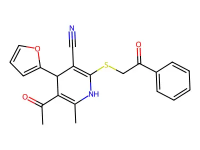 5-acetyl-4-(furan-2-yl)-6-methyl-2-phenacylsulfanyl-1,4-dihydropyridine-3-carbonitrile structure