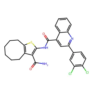 N-(3-carbamoyl-4,5,6,7,8,9-hexahydrocycloocta[b]thiophen-2-yl)-2-(3,4-dichlorophenyl)quinoline-4-carboxamide structure