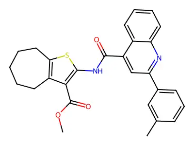 methyl 2-({[2-(3-methylphenyl)-4-quinolinyl]carbonyl}amino)-5,6,7,8-tetrahydro-4H-cyclohepta[b]thiophene-3-carboxylate structure