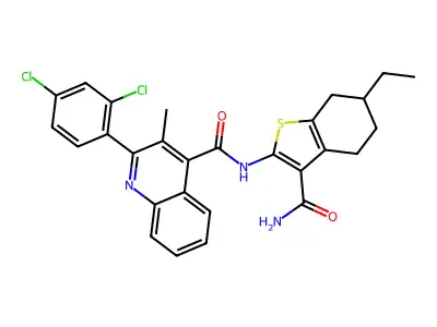N-(3-carbamoyl-6-ethyl-4,5,6,7-tetrahydro-1-benzothiophen-2-yl)-2-(2,4-dichlorophenyl)-3-methylquinoline-4-carboxamide structure