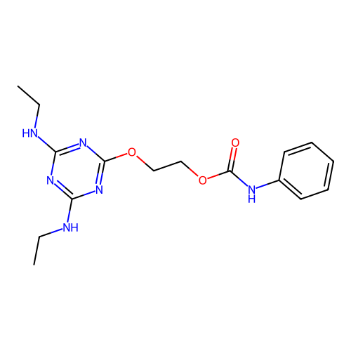 2-((4,6-Bis(ethylamino)-1,3,5-triazin-2-yl)oxy)ethyl phenylcarbamate structure