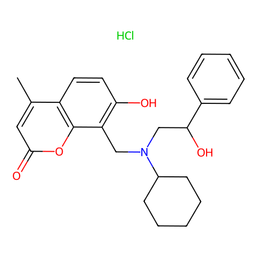 2H-1-Benzopyran-2-one, 8-((cyclohexyl(2-hydroxy-2-phenylethyl)amino)methyl)-7-hydroxy-4-methyl-, hydrochloride structure