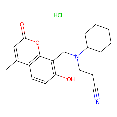 Propanenitrile, 3-((cyclohexyl(7-hydroxy-4-methyl-2-oxo-2H-1-benzopyran-8-yl)methyl)amino)-, monohydrochloride structure
