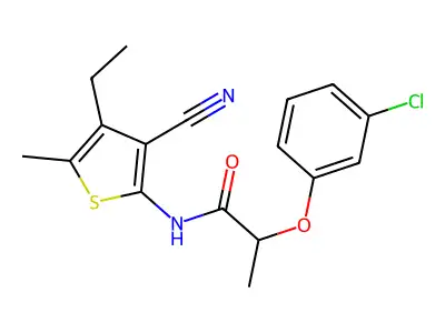 2-(3-chlorophenoxy)-N-(3-cyano-4-ethyl-5-methylthiophen-2-yl)propanamide structure