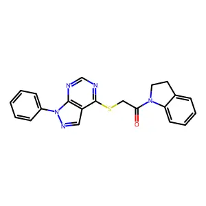 1-(indolin-1-yl)-2-((1-phenyl-1H-pyrazolo[3,4-d]pyrimidin-4-yl)thio)ethanone structure