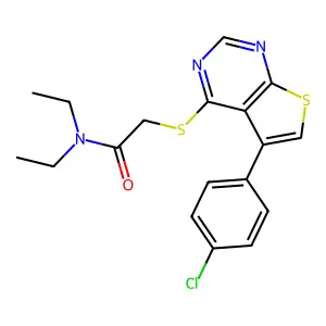 2-[5-(4-chlorophenyl)thiopheno[3,2-e]pyrimidin-4-ylthio]-N,N-diethylacetamide structure