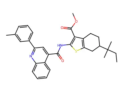 methyl 6-(2-methylbutan-2-yl)-2-[[2-(3-methylphenyl)quinoline-4-carbonyl]amino]-4,5,6,7-tetrahydro-1-benzothiophene-3-carboxylate structure