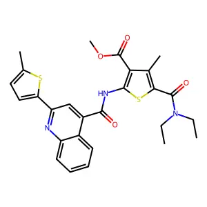 methyl 5-(diethylcarbamoyl)-4-methyl-2-[[2-(5-methylthiophen-2-yl)quinoline-4-carbonyl]amino]thiophene-3-carboxylate structure