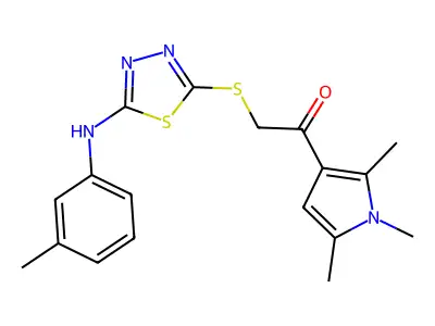 2-[[5-(3-methylanilino)-1,3,4-thiadiazol-2-yl]sulfanyl]-1-(1,2,5-trimethylpyrrol-3-yl)ethanone structure