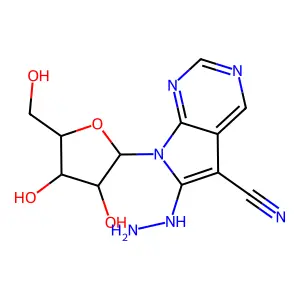 6-hydrazinyl-7-pentofuranosyl-7H-pyrrolo[2,3-d]pyrimidine-5-carbonitrile structure
