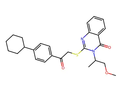 2-[2-(4-cyclohexylphenyl)-2-oxo-ethyl]sulfanyl-3-(1-methoxypropan-2-yl)quinazolin-4-one structure