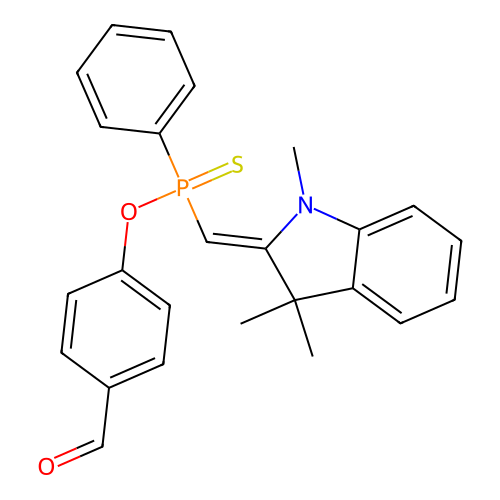 4-[phenyl-[(Z)-(1,3,3-trimethylindol-2-ylidene)methyl]phosphinothioyl]oxybenzaldehyde structure