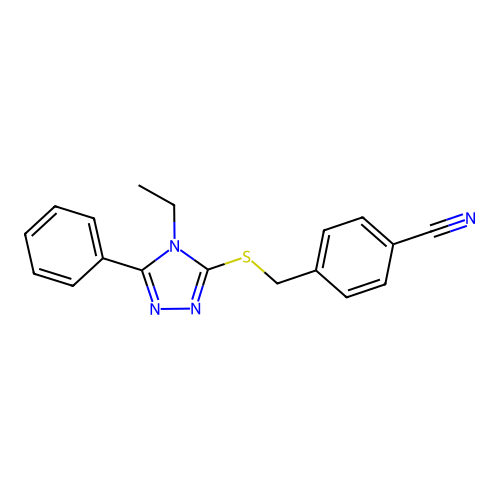 4-{[(4-ethyl-5-phenyl-4H-1,2,4-triazol-3-yl)sulfanyl]methyl}benzonitrile structure