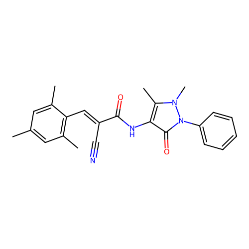(E)-2-cyano-N-(1,5-dimethyl-3-oxo-2-phenylpyrazol-4-yl)-3-(2,4,6-trimethylphenyl)prop-2-enamide structure