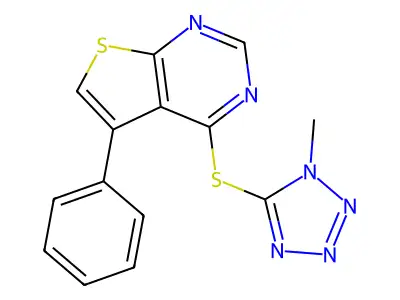 1-methyl-5-({5-phenylthieno[2,3-d]pyrimidin-4-yl}sulfanyl)-1H-1,2,3,4-tetrazole structure