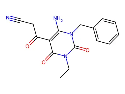 3-(6-amino-1-benzyl-3-ethyl-2,4-dioxo-1,2,3,4-tetrahydropyrimidin-5-yl)-3-oxopropanenitrile structure