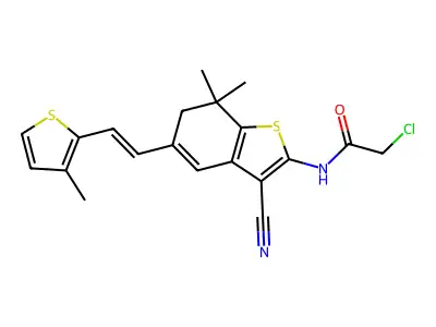 2-chloro-N-{3-cyano-7,7-dimethyl-5-[2-(3-methylthiophen-2-yl)ethenyl]-6,7-dihydro-1-benzothiophen-2-yl}acetamide structure