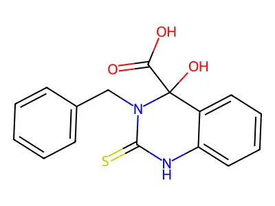 3-Benzyl-4-hydroxy-2-sulfanyl-3,4-dihydroquinazoline-4-carboxylic acid structure
