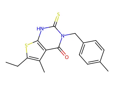 6-ethyl-5-methyl-3-[(4-methylphenyl)methyl]-2-sulfanyl-3H,4H-thieno[2,3-d]pyrimidin-4-one structure