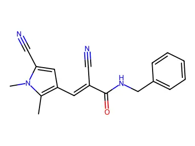 N-benzyl-2-cyano-3-(5-cyano-1,2-dimethyl-1H-pyrrol-3-yl)prop-2-enamide structure