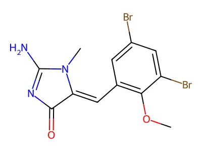 (5Z)-5-(3,5-dibromo-2-methoxybenzylidene)-2-imino-1-methylimidazolidin-4-one structure