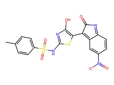 4-methyl-N-[5-(5-nitro-2-oxo-1H-indol-3-ylidene)-4-oxo-1,3-thiazol-2-yl]benzenesulfonamide structure
