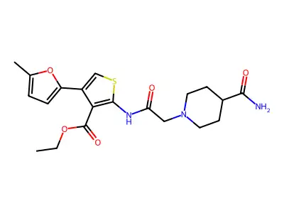ethyl 2-[[2-(4-carbamoylpiperidin-1-yl)acetyl]amino]-4-(5-methylfuran-2-yl)thiophene-3-carboxylate structure