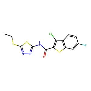 3-chloro-N-[5-(ethylsulfanyl)-1,3,4-thiadiazol-2-yl]-6-fluoro-1-benzothiophene-2-carboxamide structure