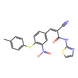 (Z)-2-Cyano-3-[4-(4-methylphenyl)sulfanyl-3-nitrophenyl]-N-(1,3-thiazol-2-yl)prop-2-enamide structure