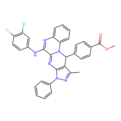 methyl 4-(6-((3-chloro-4-fluorophenyl)amino)-10-methyl-8-phenyl-8,11-dihydropyrazolo[3',4':4,5]pyrimido[1,2-a]quinoxalin-11-yl)benzoate structure