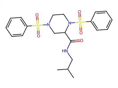 1,4-bis(benzenesulfonyl)-N-(2-methylpropyl)piperazine-2-carboxamide structure