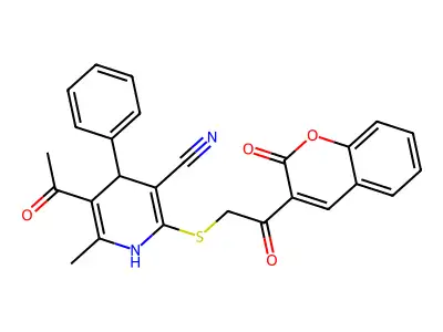 5-acetyl-6-methyl-2-[2-oxo-2-(2-oxochromen-3-yl)ethyl]sulfanyl-4-phenyl-1,4-dihydropyridine-3-carbonitrile structure