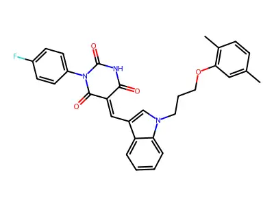 5-[[1-[3-(2,5-dimethylphenoxy)propyl]indol-3-yl]methylidene]-1-(4-fluorophenyl)-1,3-diazinane-2,4,6-trione structure