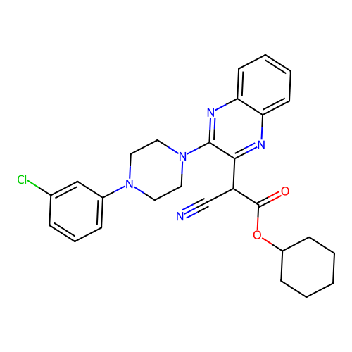 Cyclohexyl {3-[4-(3-chlorophenyl)piperazin-1-yl]quinoxalin-2-yl}(cyano)acetate structure