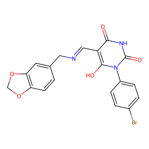 (5E)-5-[(1,3-benzodioxol-5-ylmethylamino)methylidene]-1-(4-bromophenyl)-1,3-diazinane-2,4,6-trione structure
