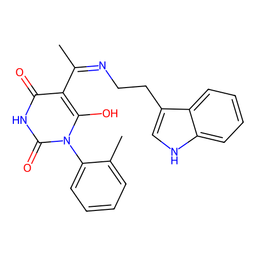 5-[1-[2-(1H-indol-3-yl)ethylamino]ethylidene]-1-(2-methylphenyl)-1,3-diazinane-2,4,6-trione structure