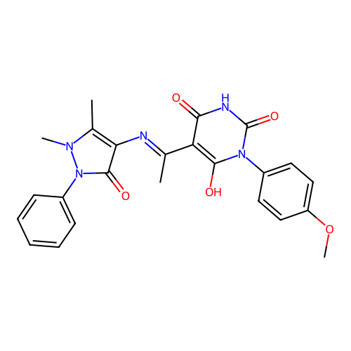 (E)-5-(1-((1,5-dimethyl-3-oxo-2-phenyl-2,3-dihydro-1H-pyrazol-4-yl)amino)ethylidene)-1-(4-methoxyphenyl)pyrimidine-2,4,6(1H,3H,5H)-trione structure