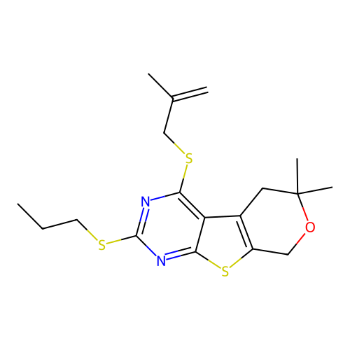 6,6-dimethyl-4-((2-methylallyl)thio)-2-(propylthio)-6,8-dihydro-5H-pyrano[4',3':4,5]thieno[2,3-d]pyrimidine structure