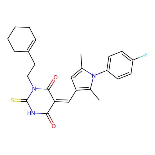 (Z)-1-(2-(cyclohex-1-en-1-yl)ethyl)-5-((1-(4-fluorophenyl)-2,5-dimethyl-1H-pyrrol-3-yl)methylene)-2-thioxodihydropyrimidine-4,6(1H,5H)-dione structure