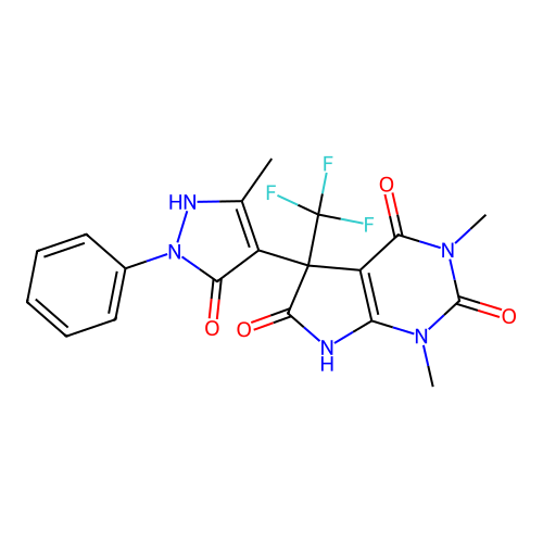 1,3-dimethyl-5-(5-methyl-3-oxo-2-phenyl-1H-pyrazol-4-yl)-5-(trifluoromethyl)-7H-pyrrolo[2,3-d]pyrimidine-2,4,6-trione structure