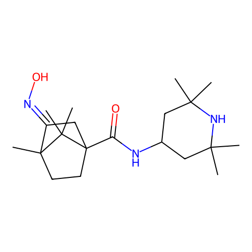 (E)-3-(hydroxyimino)-4,7,7-trimethyl-N-(2,2,6,6-tetramethylpiperidin-4-yl)bicyclo[2.2.1]heptane-1-carboxamide structure