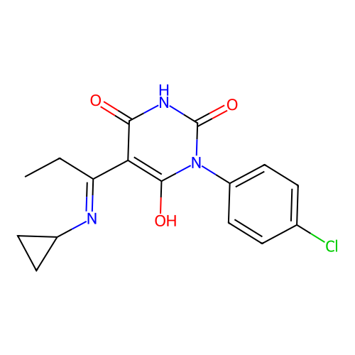 1-(4-chlorophenyl)-5-[1-(cyclopropylamino)propylidene]-1,3-diazinane-2,4,6-trione structure