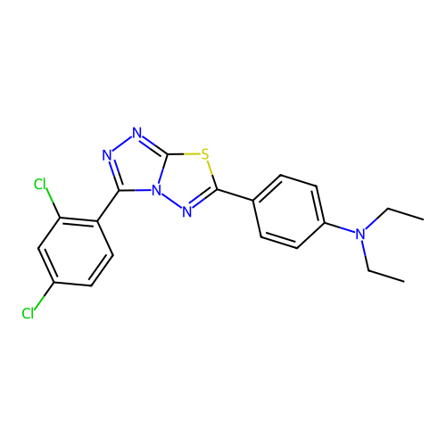 {4-[3-(2,4-dichlorophenyl)(1,2,4-triazolo[3,4-b]1,3,4-thiadiazolin-6-yl)]pheny l}diethylamine structure