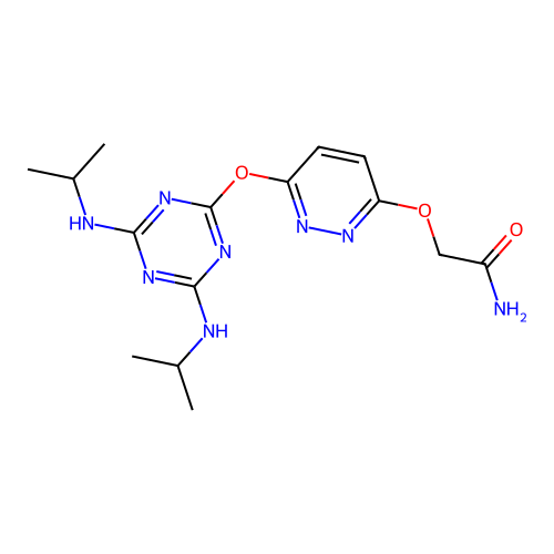 2-[6-[[4,6-bis(propan-2-ylamino)-1,3,5-triazin-2-yl]oxy]pyridazin-3-yl]oxyacetamide structure