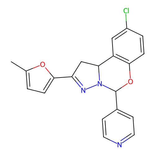 9-chloro-2-(5-methylfuran-2-yl)-5-(pyridin-4-yl)-1,10b-dihydropyrazolo[1,5-c][1,3]benzoxazine structure