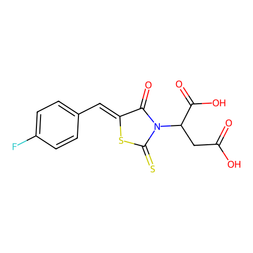 (Z)-2-(5-(4-fluorobenzylidene)-4-oxo-2-thioxothiazolidin-3-yl)succinic acid structure
