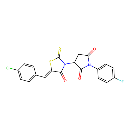3-[(5Z)-5-(4-chlorobenzylidene)-4-oxo-2-thioxo-1,3-thiazolidin-3-yl]-1-(4-fluorophenyl)pyrrolidine-2,5-dione structure