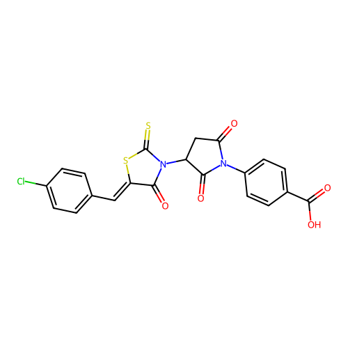 4-{3-[(5Z)-5-(4-chlorobenzylidene)-4-oxo-2-thioxo-1,3-thiazolidin-3-yl]-2,5-dioxopyrrolidin-1-yl}benzoic acid structure