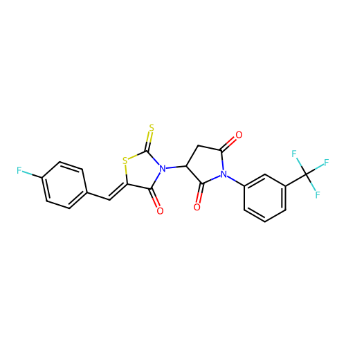 3-[(5Z)-5-[(4-fluorophenyl)methylidene]-4-oxo-2-sulfanylidene-1,3-thiazolidin-3-yl]-1-[3-(trifluoromethyl)phenyl]pyrrolidine-2,5-dione structure